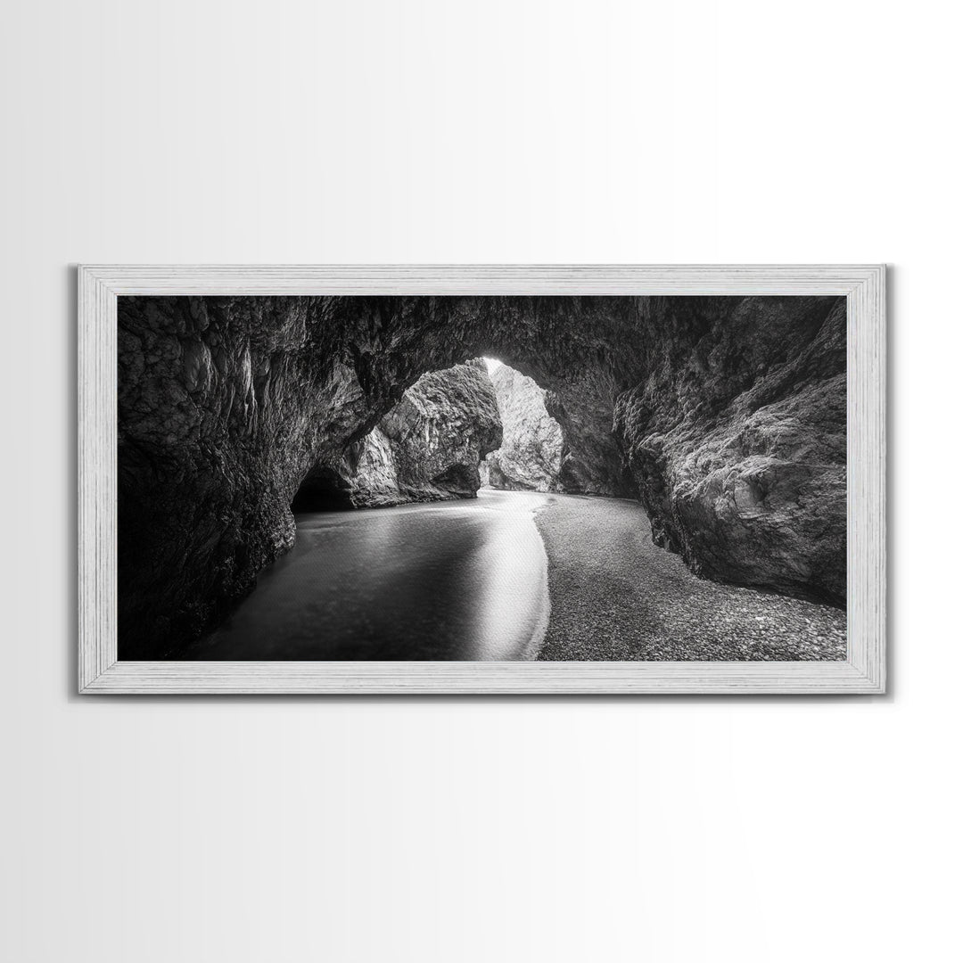 Ocean Cave Flow, Coastal Rock Wall Art, Moody Nature Seascape, Black White Beach Decor, Boho Bathroom Accent, Canvas Print, Monochrome Art