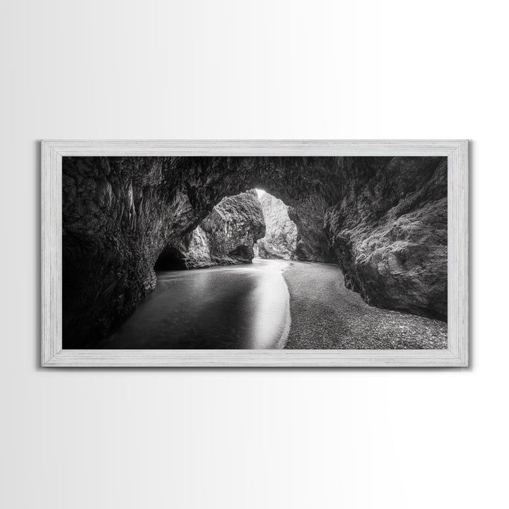Ocean Cave Flow, Coastal Rock Wall Art, Moody Nature Seascape, Black White Beach Decor, Boho Bathroom Accent, Canvas Print, Monochrome Art