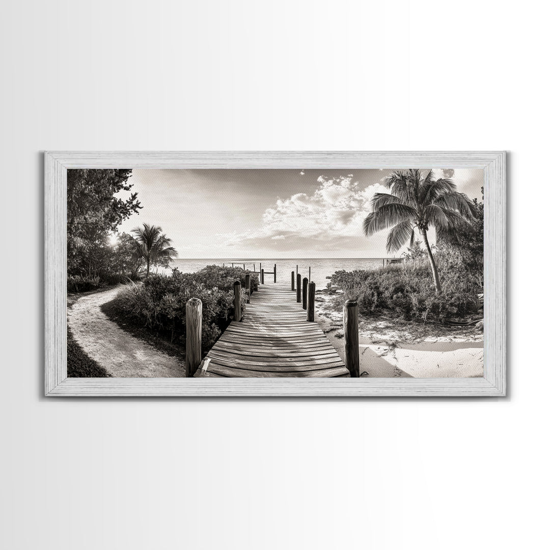 Beach Path, Coastal Dock, Tropical Palms, Canvas Print, Vacation Vibes, Boho Seaside Decor, Bathroom Wall Art, Nautical Island Landscape