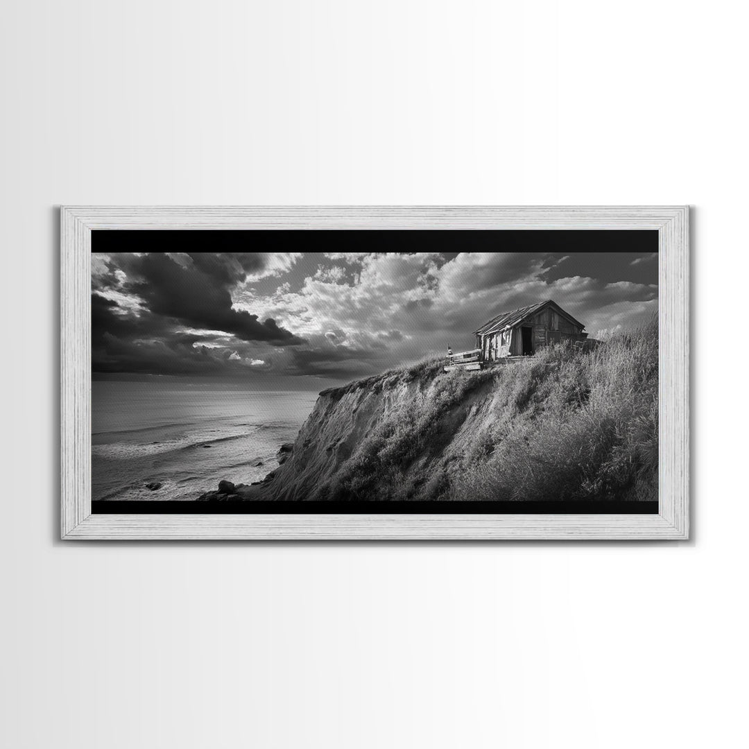 Cliff Cabin, Stormy Coast, Ocean Bluff, Dramatic Skies, Canvas Print, Moody Nature Art, Living Room Accent, Fall Season Decor