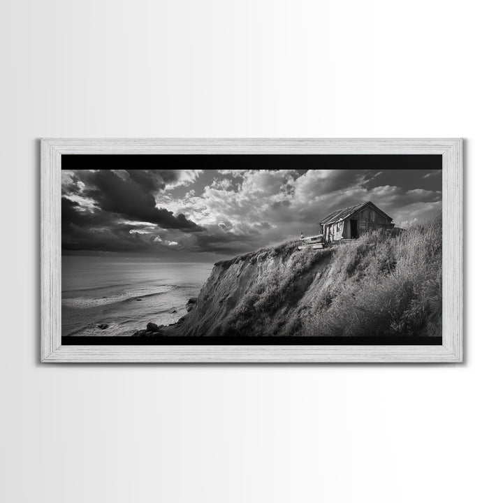 Cliff Cabin, Stormy Coast, Ocean Bluff, Dramatic Skies, Canvas Print, Moody Nature Art, Living Room Accent, Fall Season Decor