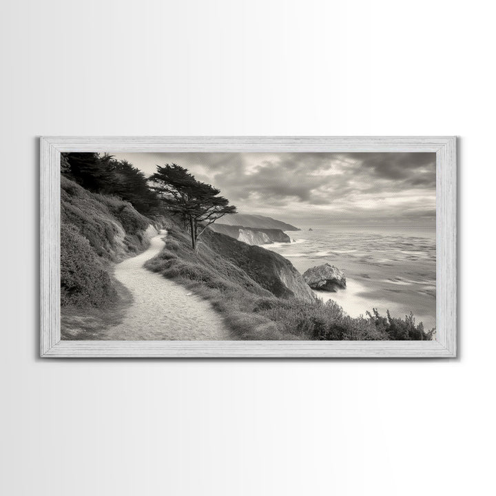 Coastal Path, Nature Trail, Ocean Cliff, Cypress Tree, Framed Canvas Print, Minimalist Wall Art, Living Room Decor, Scenic Landscape