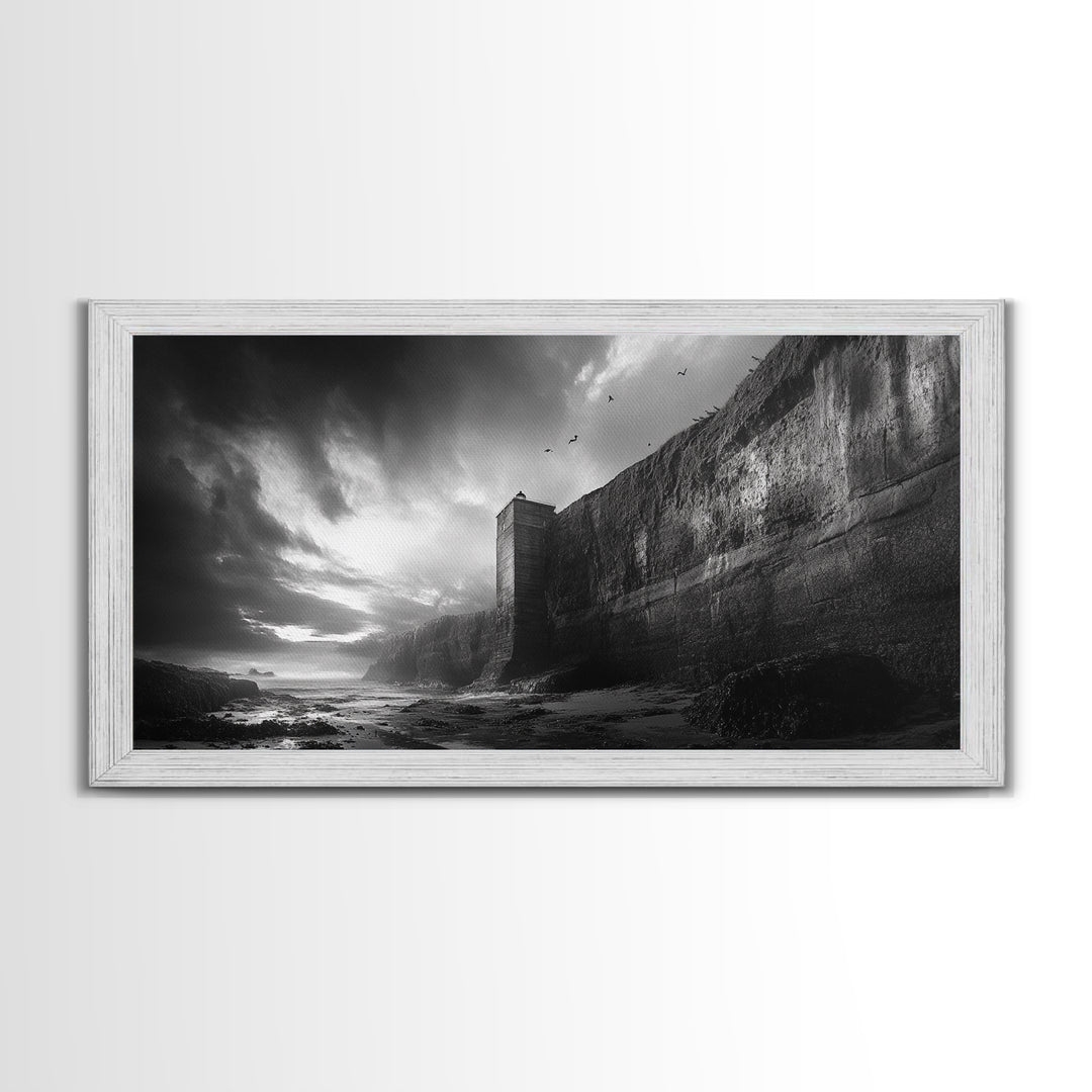 Cliff Lighthouse, Dramatic Sky, Seaside Tower, Ocean Mood, Canvas Print, Gothic Wall Art, Study Decor, Moody Coastal Artwork