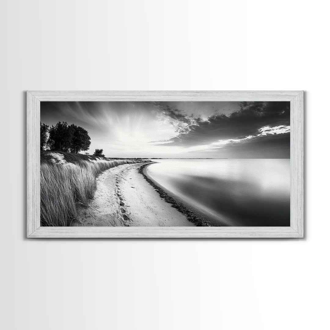 Calm Beach, Grassy Dunes, Serene Shoreline, Peaceful Water, Framed Canvas Print, Minimalist Art, Bedroom Wall Decor, Coastal Calm