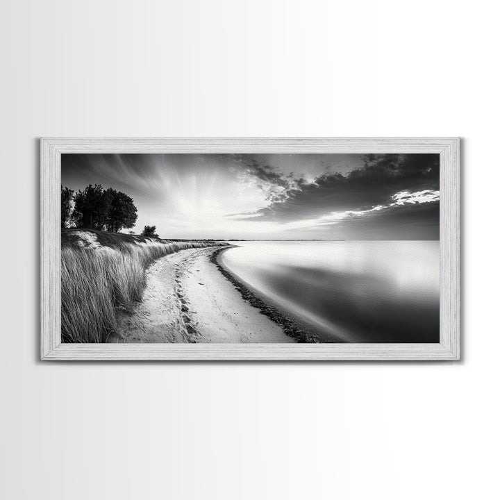 Calm Beach, Grassy Dunes, Serene Shoreline, Peaceful Water, Framed Canvas Print, Minimalist Art, Bedroom Wall Decor, Coastal Calm