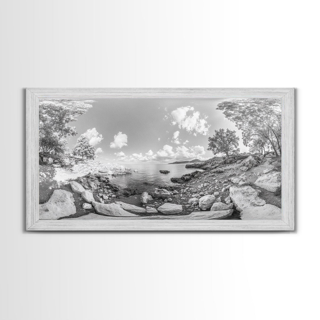 Rocky Cove, Tranquil Bay, Forest Edge, Panoramic Beach, Framed Canvas Print, Nature Art, Bathroom Wall Decor, Earthy Coastal View