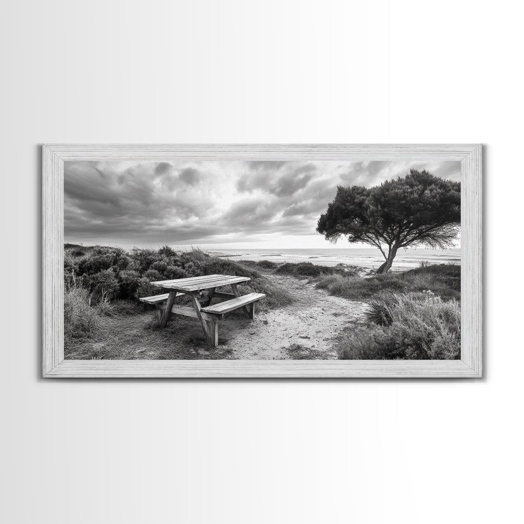Picnic Table, Ocean Tree, Coastal Path, Windswept Scene, Framed Canvas Print, Rustic Wall Art, Fall Decor, Peaceful Beach Setting