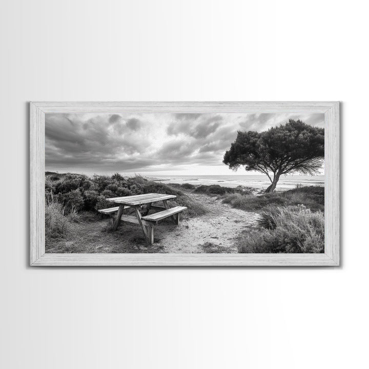Picnic Table, Ocean Tree, Coastal Path, Windswept Scene, Framed Canvas Print, Rustic Wall Art, Fall Decor, Peaceful Beach Setting