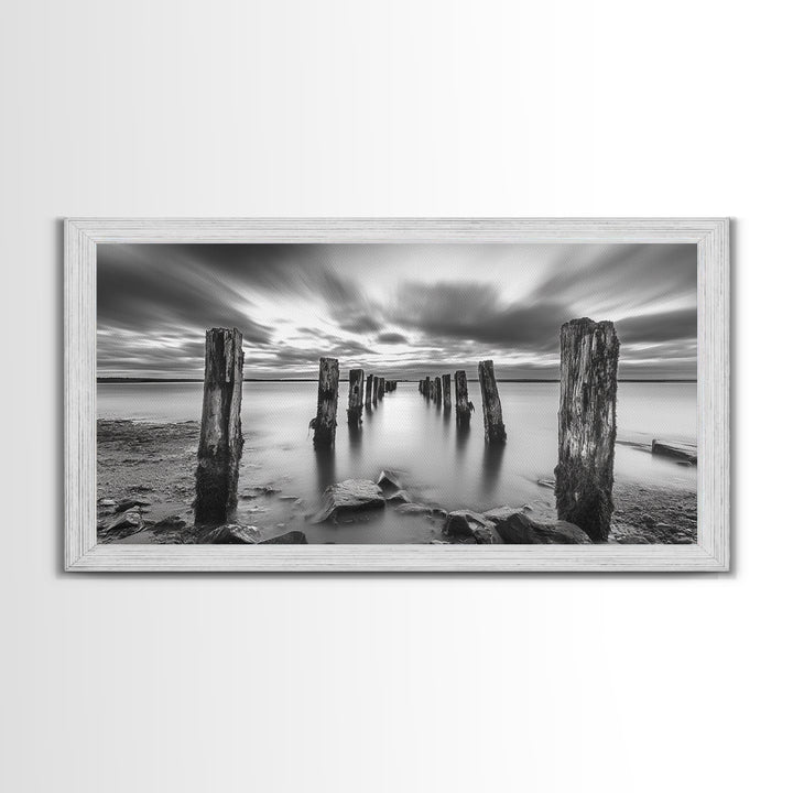 Ocean Pilings, Calm Waters, Cloud Streaks, Sunset Mood, Canvas Print, Minimalist Seascape, Bedroom Wall Art, Serene Beach Decor