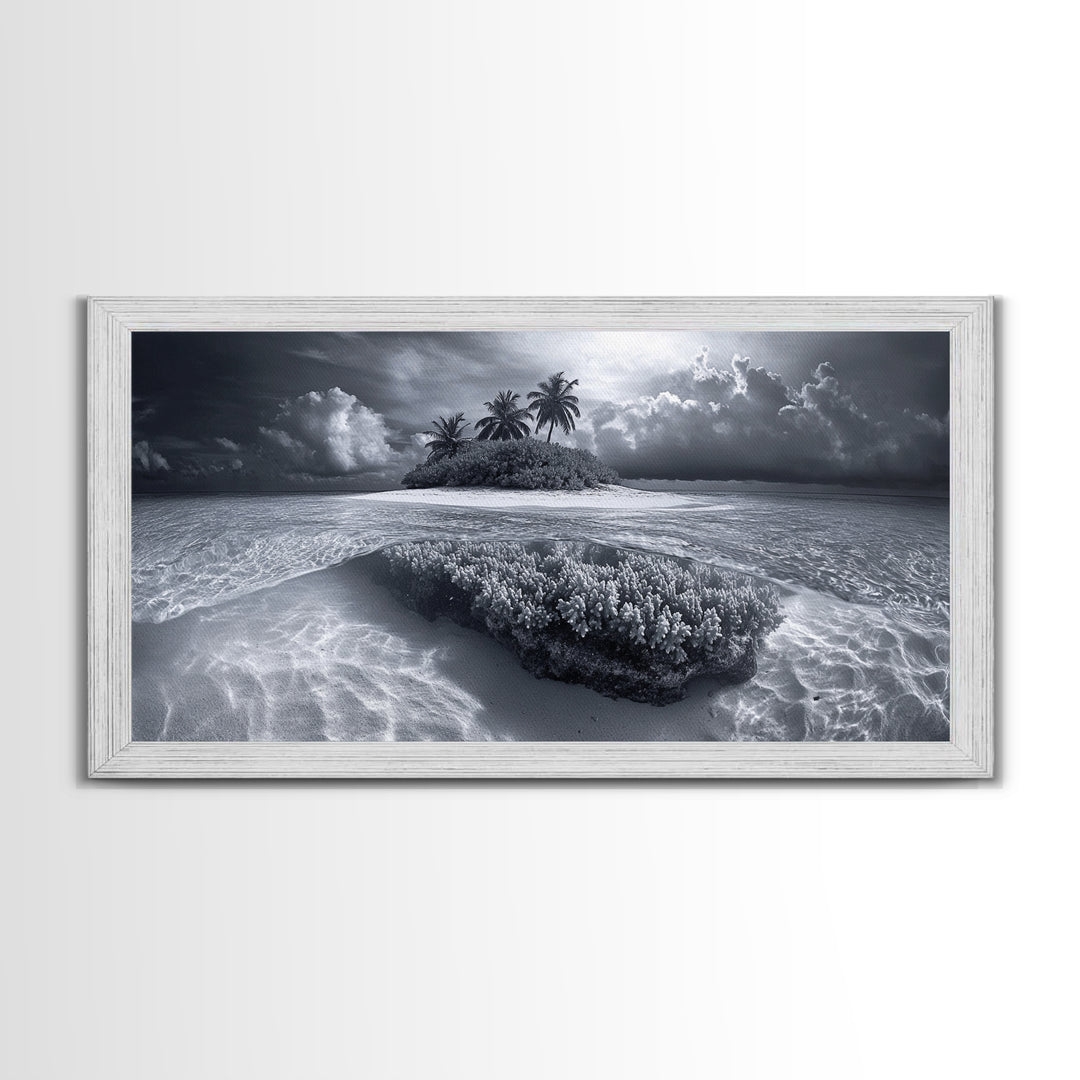 Coral Island, Tropical Ocean, Underwater Reef, Clear Sea, Framed Canvas Print, Beach House Art, Coastal Living Room Decor, Office Wall Decor