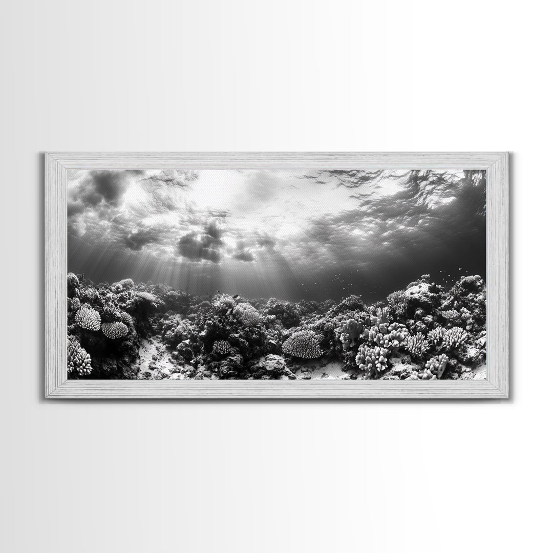 Coral Reef, Ocean Depths, Sunlight Rays, Marine Life, Canvas Print, Minimalist Nature Art, Bathroom Decor, Underwater Scene, Bedroom Wall Art