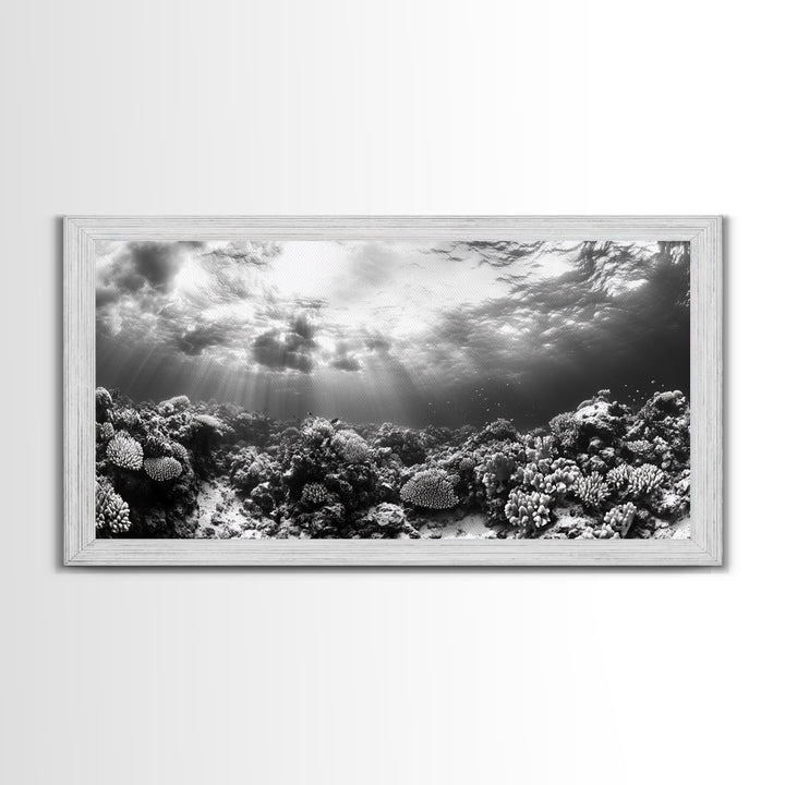 Coral Reef, Ocean Depths, Sunlight Rays, Marine Life, Canvas Print, Minimalist Nature Art, Bathroom Decor, Underwater Scene, Bedroom Wall Art