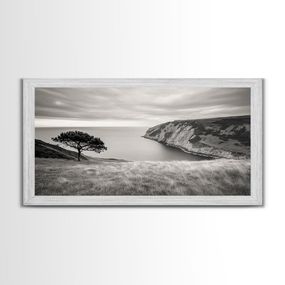 Coastal Cliff View, Solitary Tree Scene, Modern Minimalist Style, Framed Canvas Print, Calm Neutral Wall Art, Living Room Decor