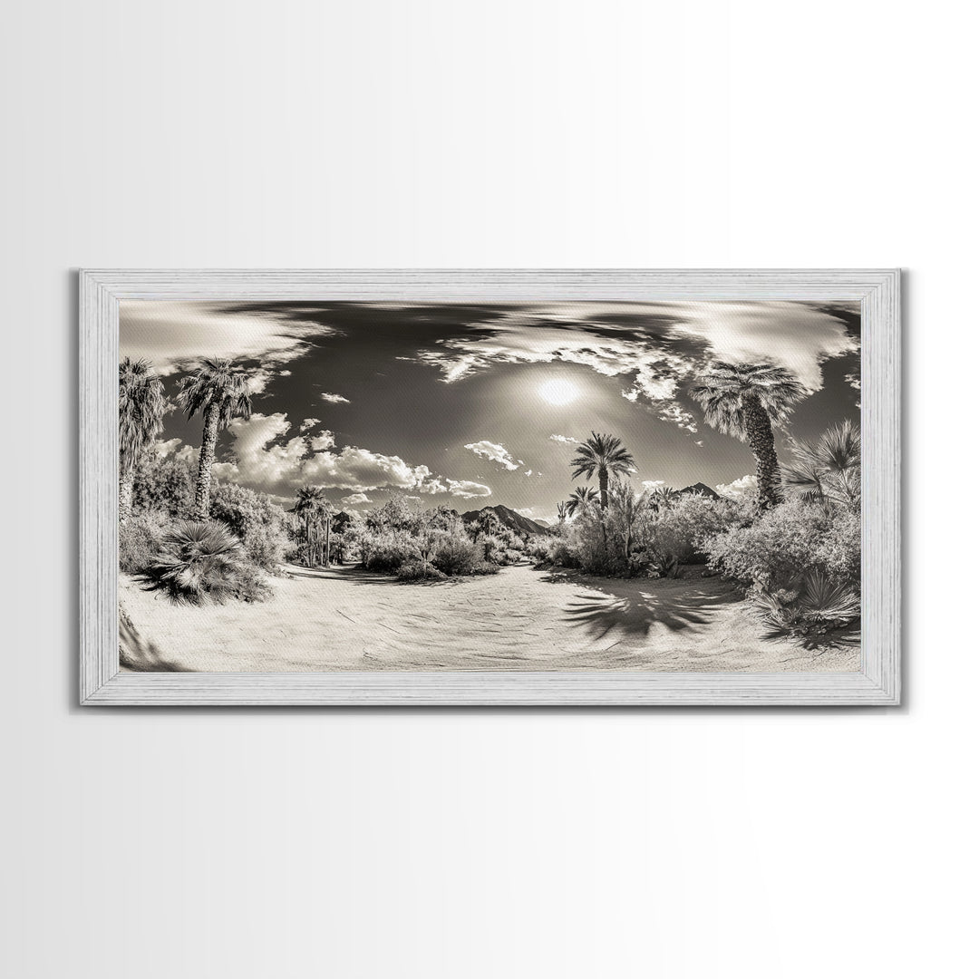 Desert Oasis, Palm Landscape, Nature Panorama, Framed Canvas Print, Tropical Wall Art, Living Room Decor, Boho Aesthetic, Sunlit Scene