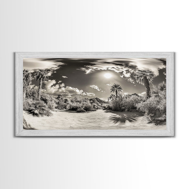 Desert Oasis, Palm Landscape, Nature Panorama, Framed Canvas Print, Tropical Wall Art, Living Room Decor, Boho Aesthetic, Sunlit Scene