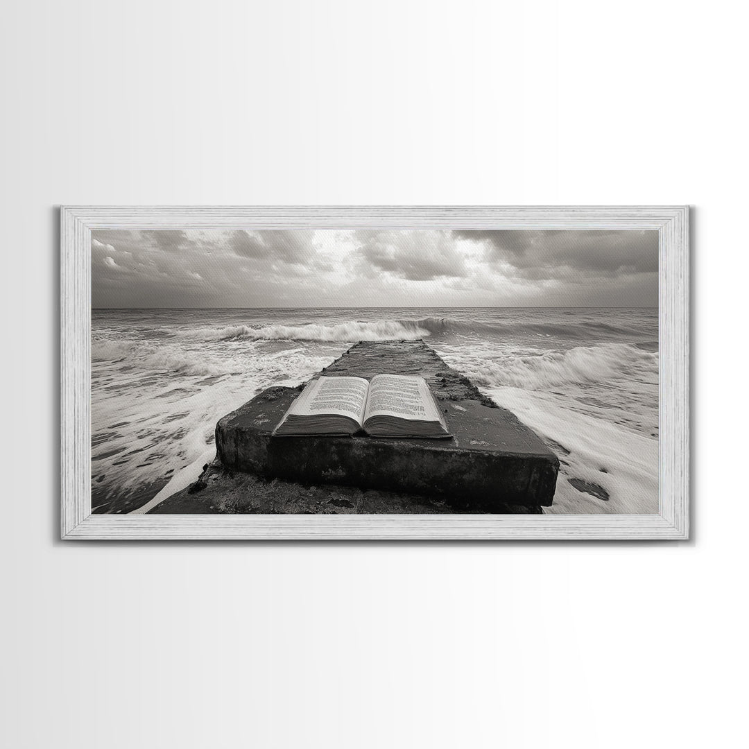 Ocean and Book, Moody Literary Print, Surreal Seascape Art, Framed Canvas Print, Library or Reading Nook Wall Decor, Dark Academia