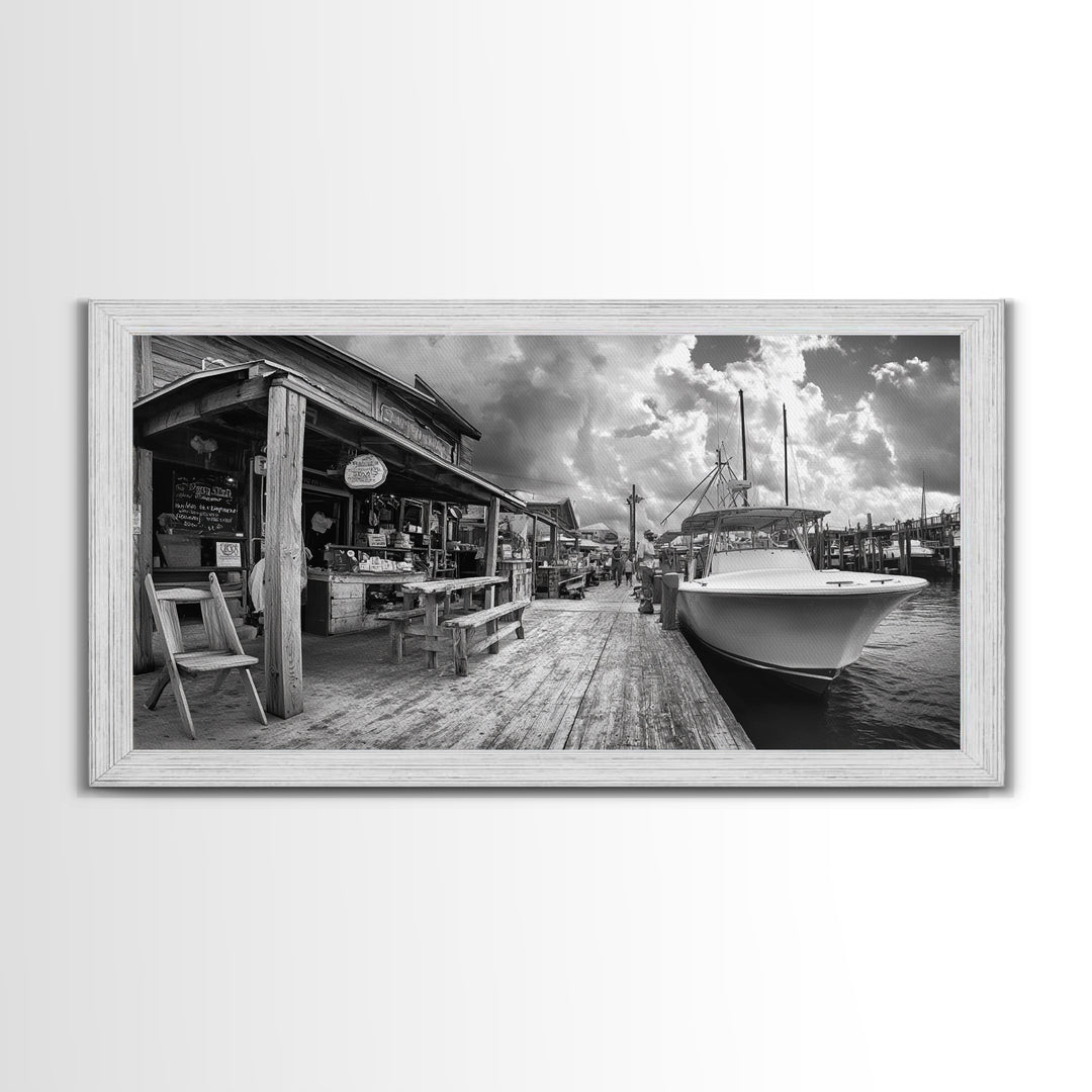 Dockside Market, Nautical Vibes, Fishing Village, Framed Canvas Print, Coastal Kitchen Art, Rustic Decor, Oceanfront Life Scene