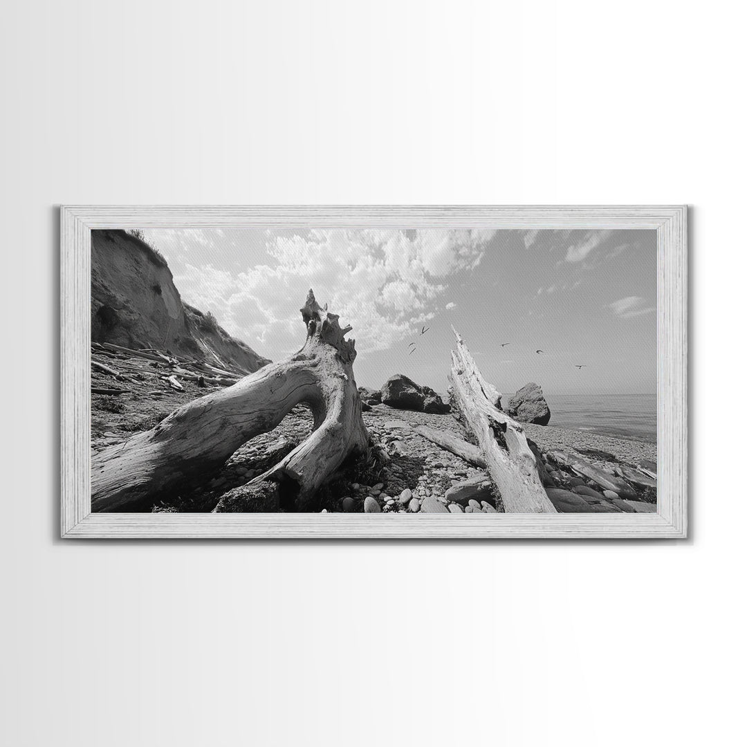 Coastal Driftwood, Beach Landscape, Pebble Shore Scene, Natural Decor Accent, Canvas Print, Relaxed Vibe, Entryway or Den Wall Art