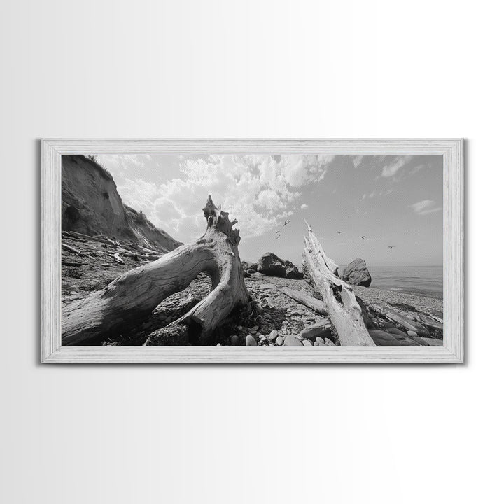 Coastal Driftwood, Beach Landscape, Pebble Shore Scene, Natural Decor Accent, Canvas Print, Relaxed Vibe, Entryway or Den Wall Art