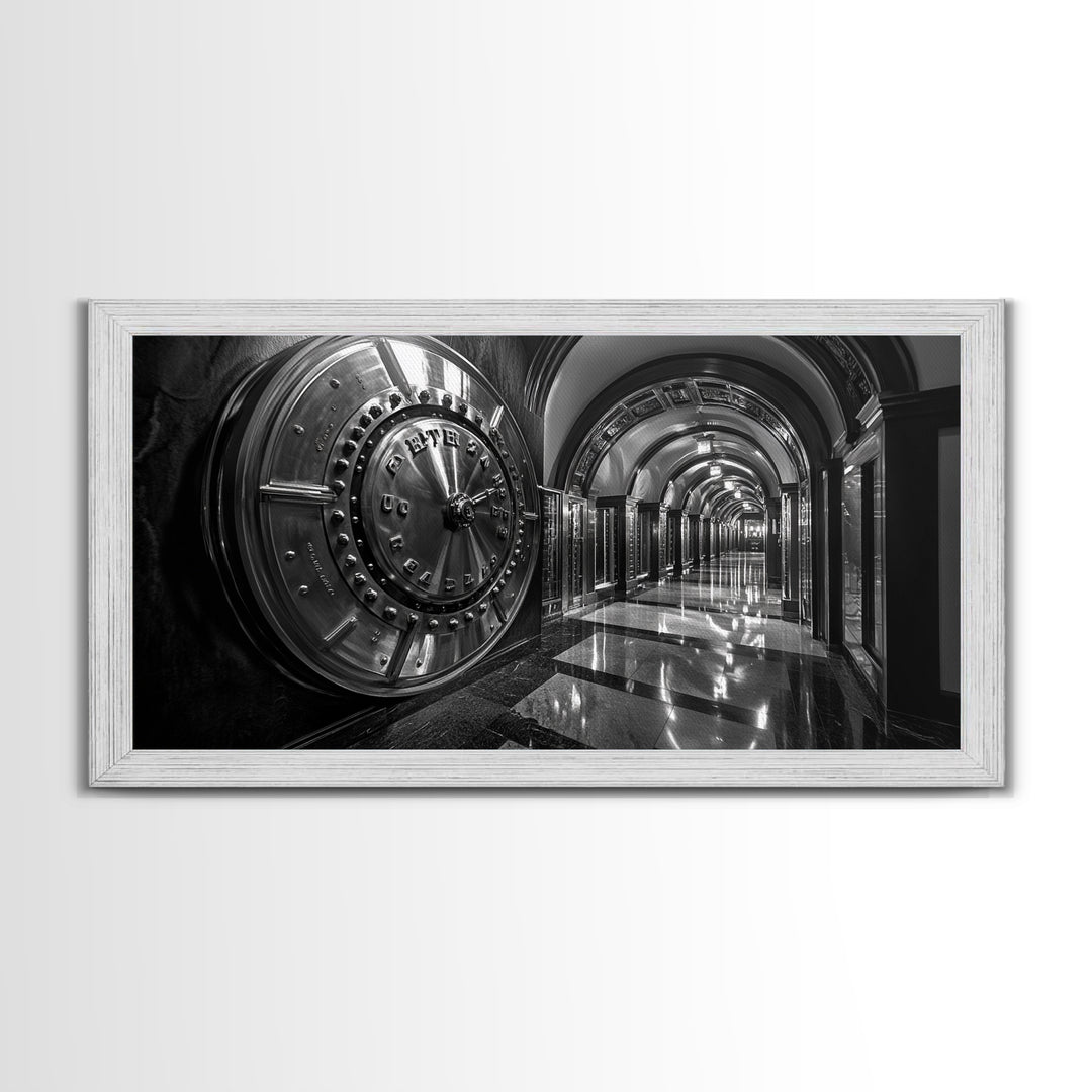 Bank Vault Door, Industrial Urban Decor, Luxury Office Art, Framed Canvas Print, Black and Silver Wall Art, Masculine Home Style
