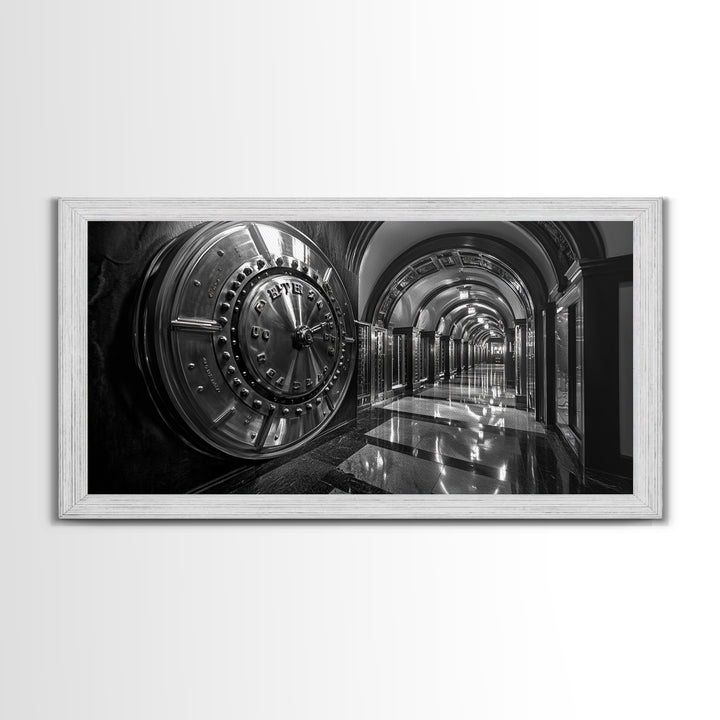 Bank Vault Door, Industrial Urban Decor, Luxury Office Art, Framed Canvas Print, Black and Silver Wall Art, Masculine Home Style