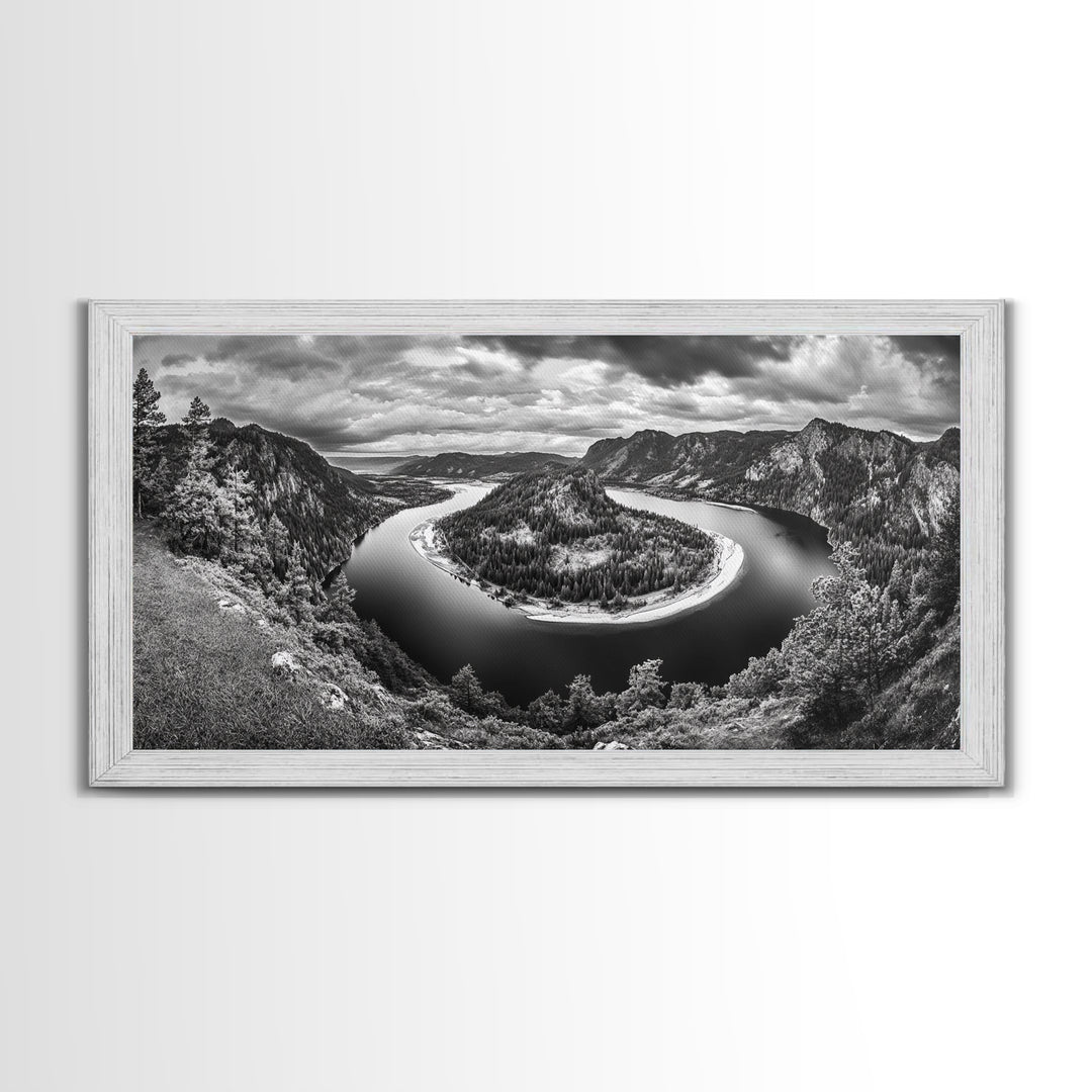 River Bend Landscape, Mountain View Aerial, Nature Panorama Scene, Framed Canvas Print, Cabin Wall Art, Adventure Boho Art, Living Room Wall Art