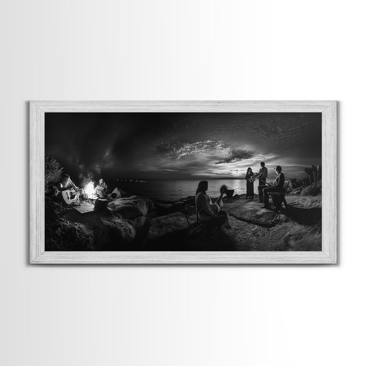 Campfire Gathering, Boho Night Vibes, Music Outdoors Scene, Framed Canvas Print, Living Room Wall Art, Folk Rustic Aesthetic