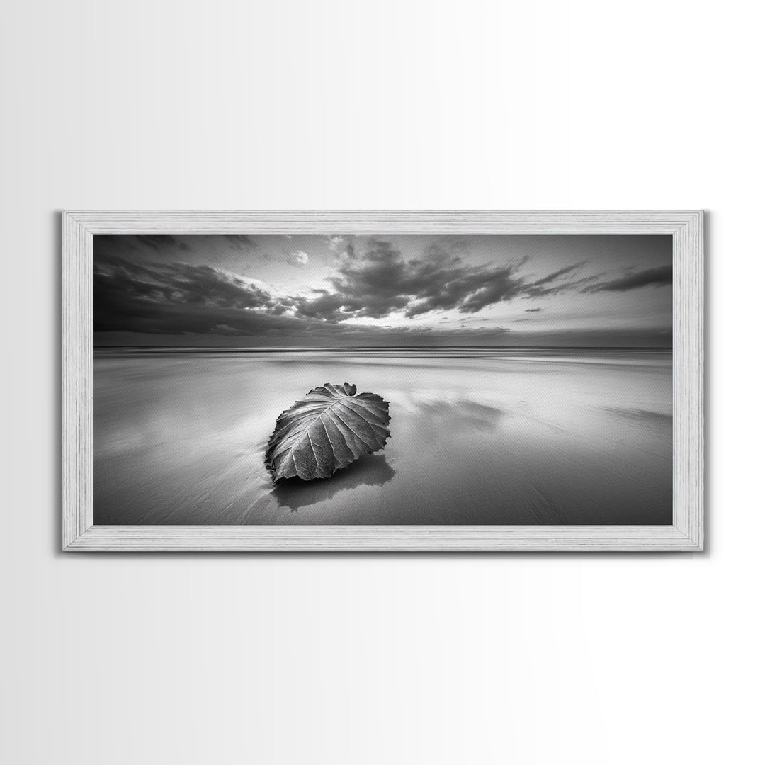 Beach Leaf Still, Autumn Nature Scene, Calm Ocean Shoreline, Canvas Print, Fall Bathroom Wall Art, Neutral Earth Tone Decor
