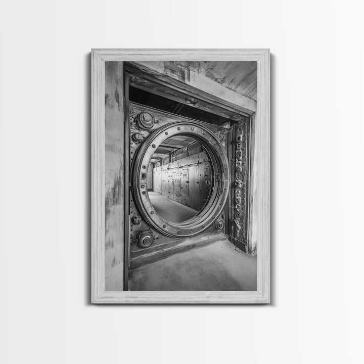 Bank Vault Door, Industrial Design, Urban Texture, Canvas Print, Masculine Office Decor, Steampunk Wall Art, Black White Print