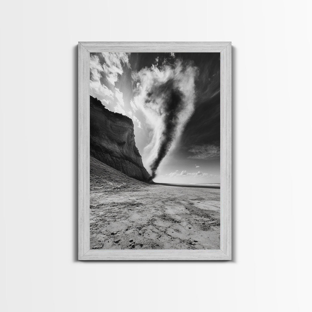 Tornado Beach Scene, Stormy Skies, Black and White Drama, Nature Photography, Framed Canvas Print, Office Wall Art, Moody Minimalist Decor
