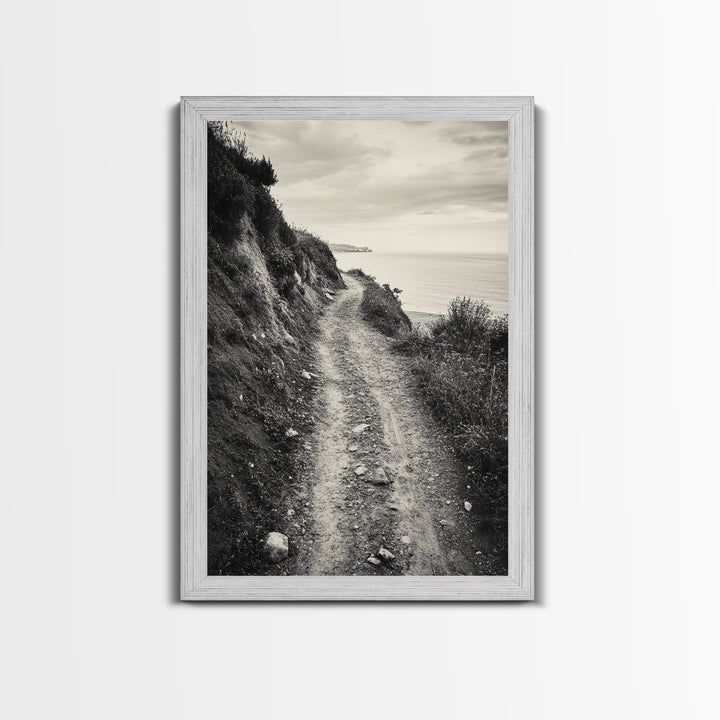 Coastal Cliff Path, Tranquil Trail, Black and White Landscape, Nature Lover Gift, Framed Canvas Print, Entryway Wall Art, Rustic Boho Art