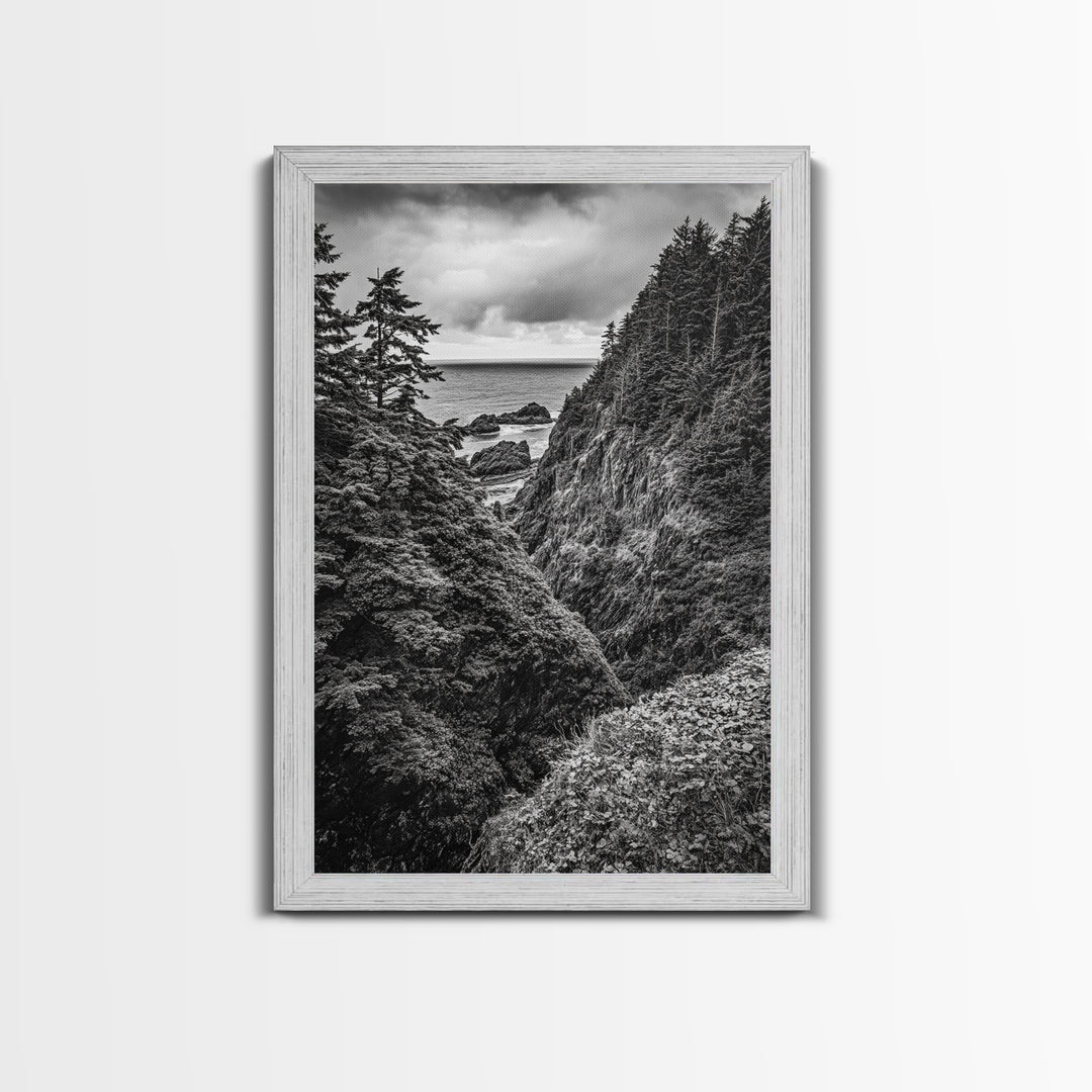 Rugged Ocean View, Coastal Forest, Black and White Mountains, Pacific Northwest Vibes, Framed Canvas Print, Den Wall Art, Moody Cabin Decor