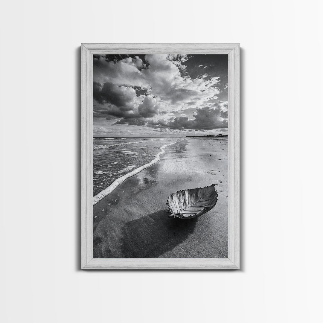 Autumn Beach Leaf, Drift Shore, Moody Cloudscape, Black and White Fall Art, Framed Canvas Print, Seasonal Wall Decor, Rustic Autumn Style