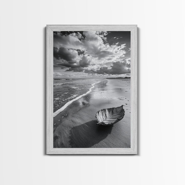 Autumn Beach Leaf, Drift Shore, Moody Cloudscape, Black and White Fall Art, Framed Canvas Print, Seasonal Wall Decor, Rustic Autumn Style