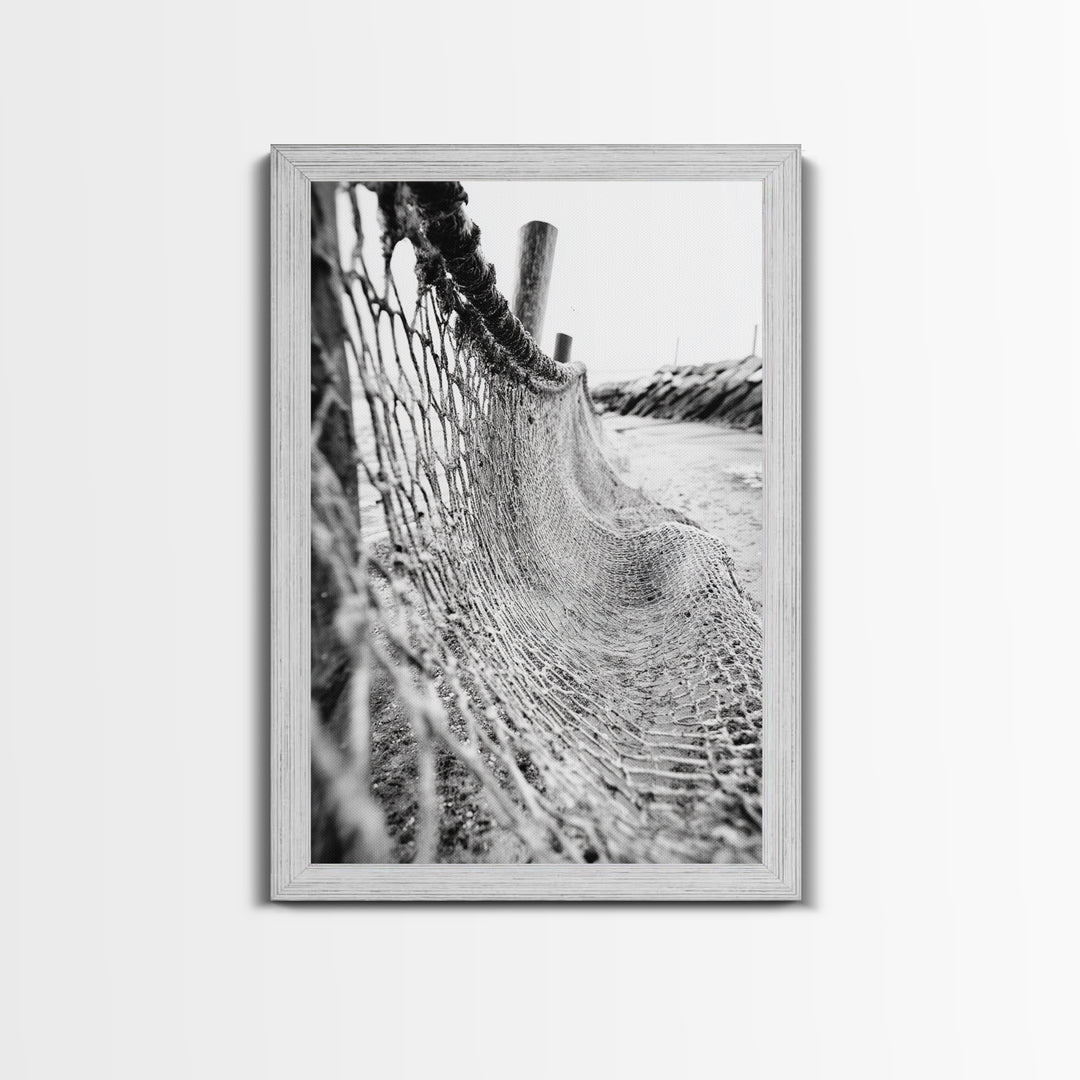 Coastal Net, Beach Texture, Nautical Vibe, Ocean Fence, Framed Canvas Print, Bathroom Wall Art, Coastal Cottage Style, Monochrome Beach Art