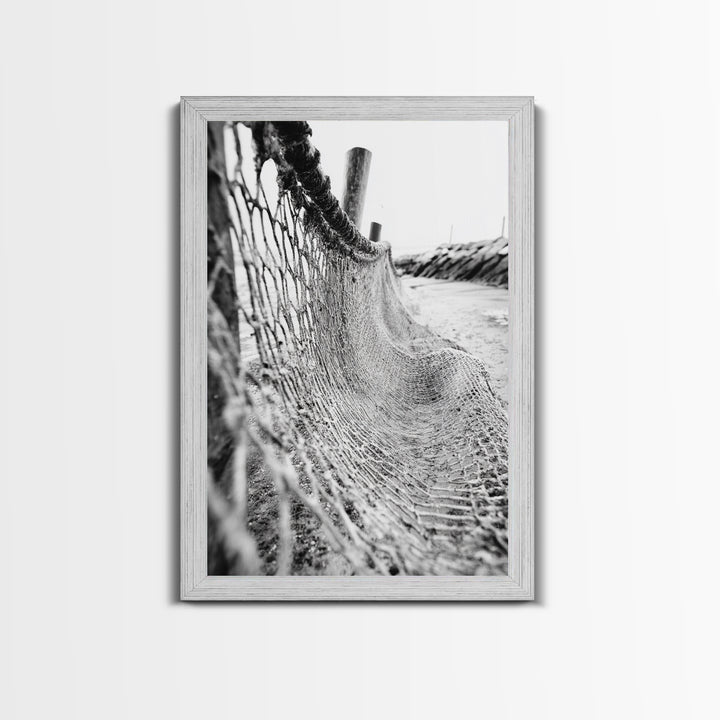Coastal Net, Beach Texture, Nautical Vibe, Ocean Fence, Framed Canvas Print, Bathroom Wall Art, Coastal Cottage Style, Monochrome Beach Art