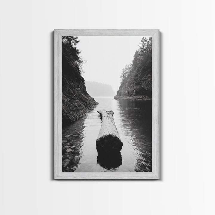 Driftwood Log, River Pass, Nature Silence, Misty Gorge, Framed Canvas Print, Office Wall Art, Modern Nature Decor, Moody Forest Style