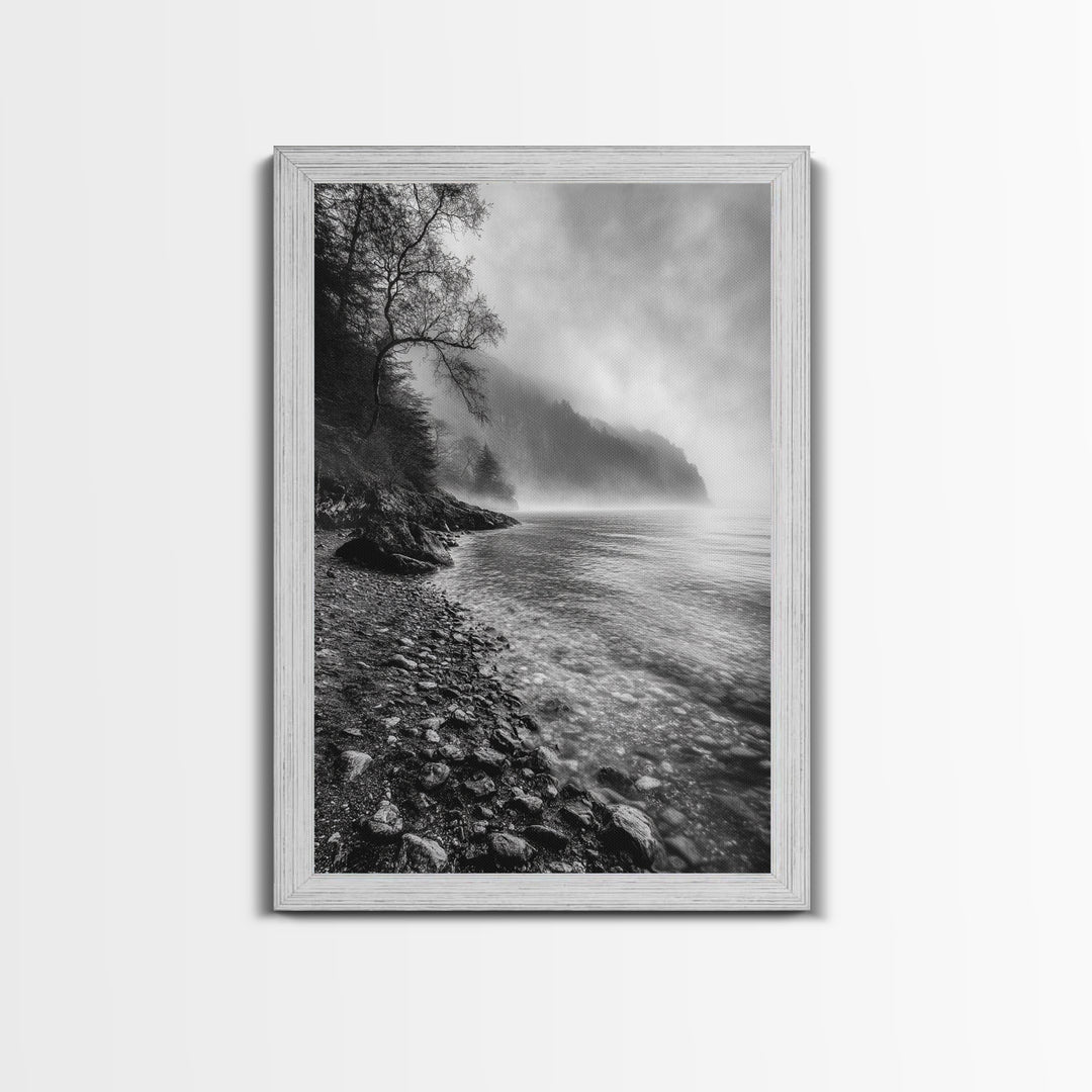 Foggy Coast, Moody Shore, Tranquil Pebbles, Forest Water, Framed Canvas Print, Bathroom Wall Art, Nature Photography Style, Calm Retreat Decor