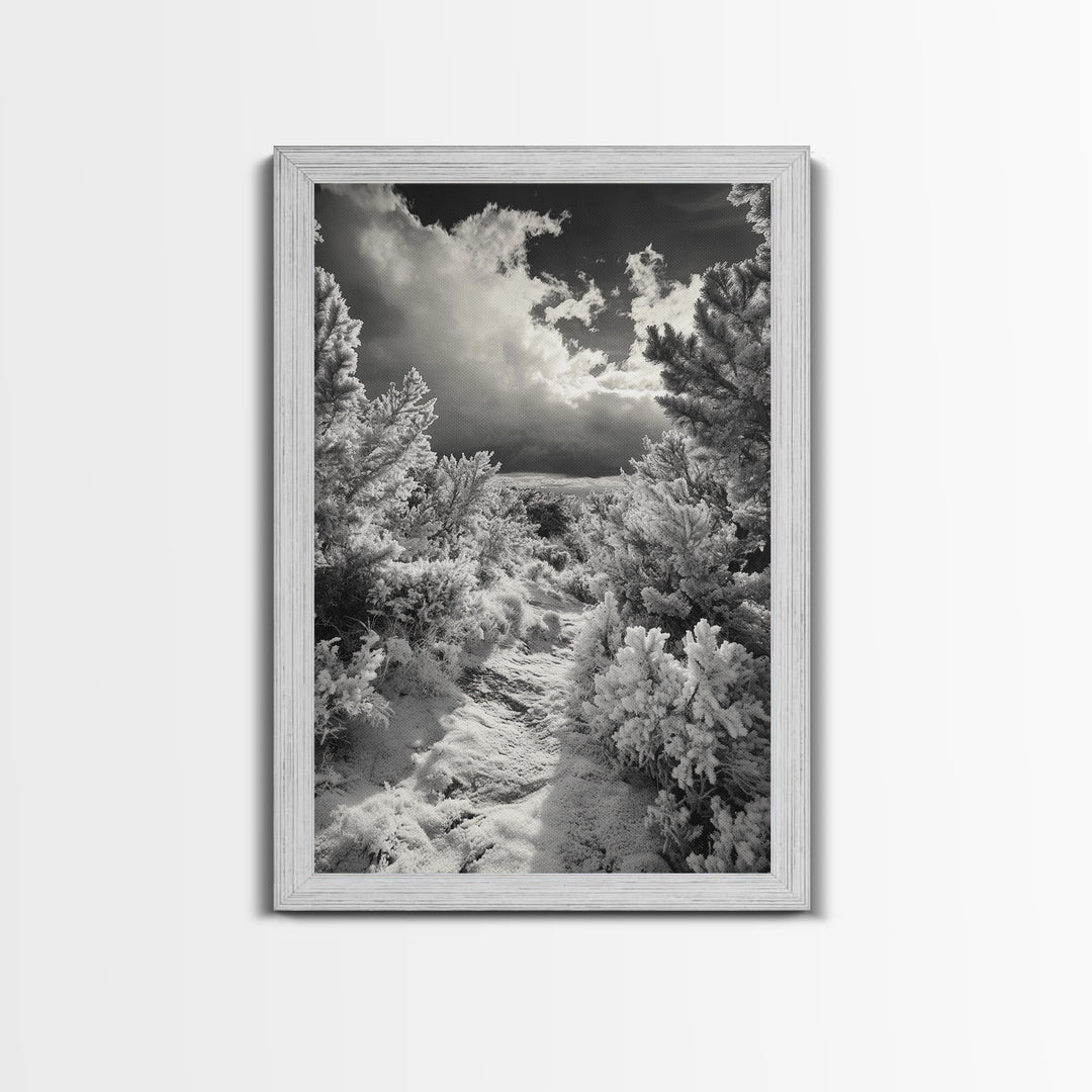 Snowy Pine Path, Winter Forest Light, Frozen Landscape Art, Canvas Print, Holiday Wall Art, Minimalist Winter, Nordic Style Decor