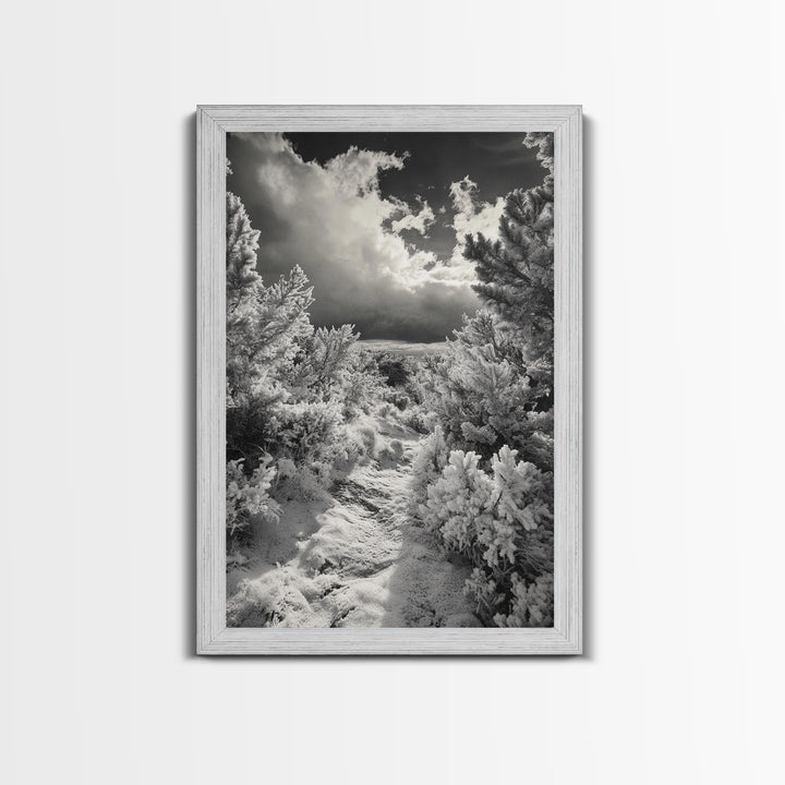 Snowy Pine Path, Winter Forest Light, Frozen Landscape Art, Canvas Print, Holiday Wall Art, Minimalist Winter, Nordic Style Decor