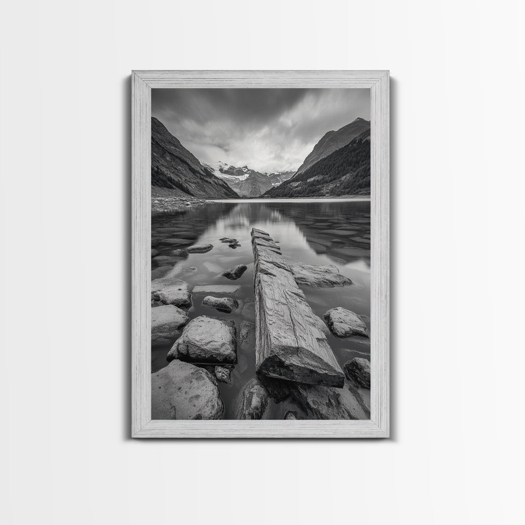 Mountain Lake Log, Alpine Serenity Scene, Tranquil Rock Shore, Canvas Print, Bedroom Wall Art, Nature Retreat, Minimalist Landscape