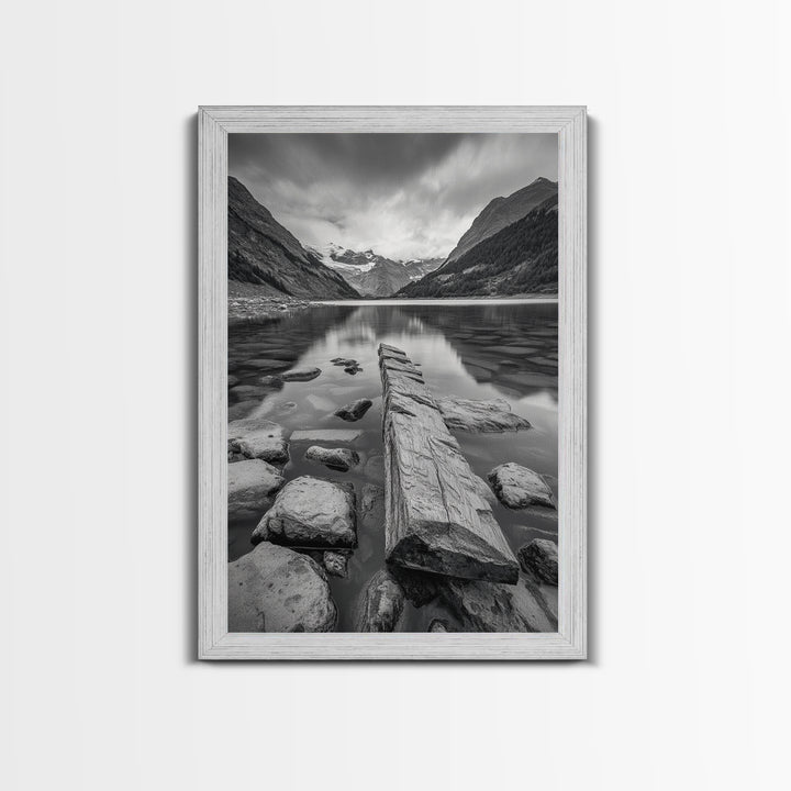 Mountain Lake Log, Alpine Serenity Scene, Tranquil Rock Shore, Canvas Print, Bedroom Wall Art, Nature Retreat, Minimalist Landscape