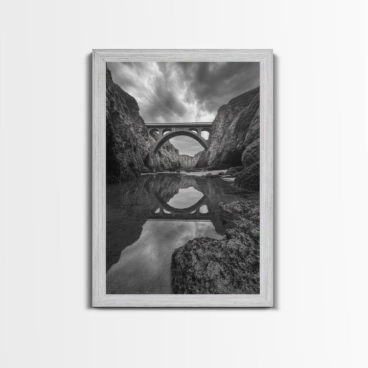 Stone Bridge, Reflections, River Archway, Nature Drama, Framed Canvas Print, Landscape Wall Art, Monochrome Photography, Entryway Art