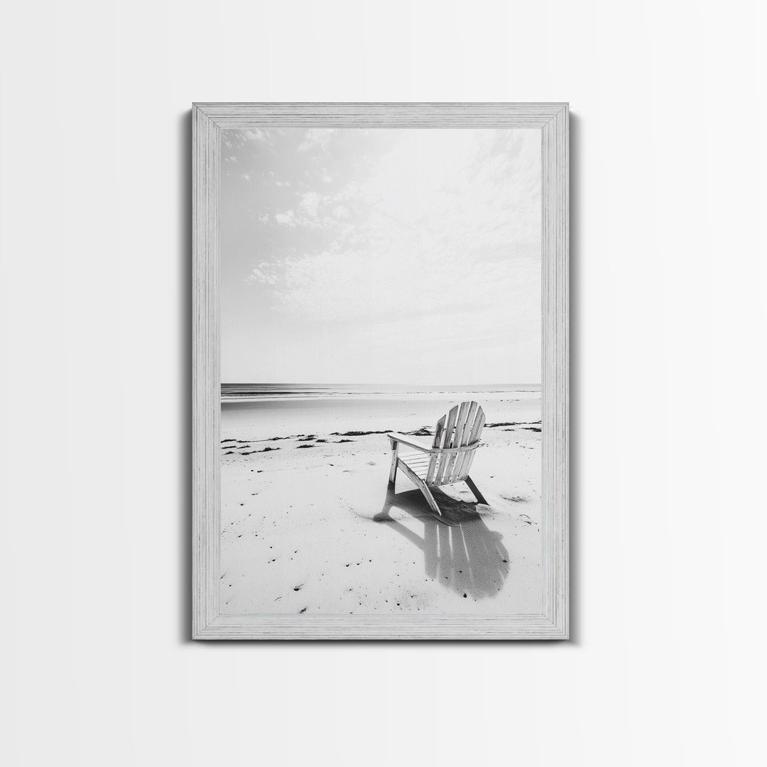 Beach Chair, Coastal Calm, Empty Shoreline, Canvas Print, Minimalist Wall Art, Beach House Decor, Serene Ocean Photography