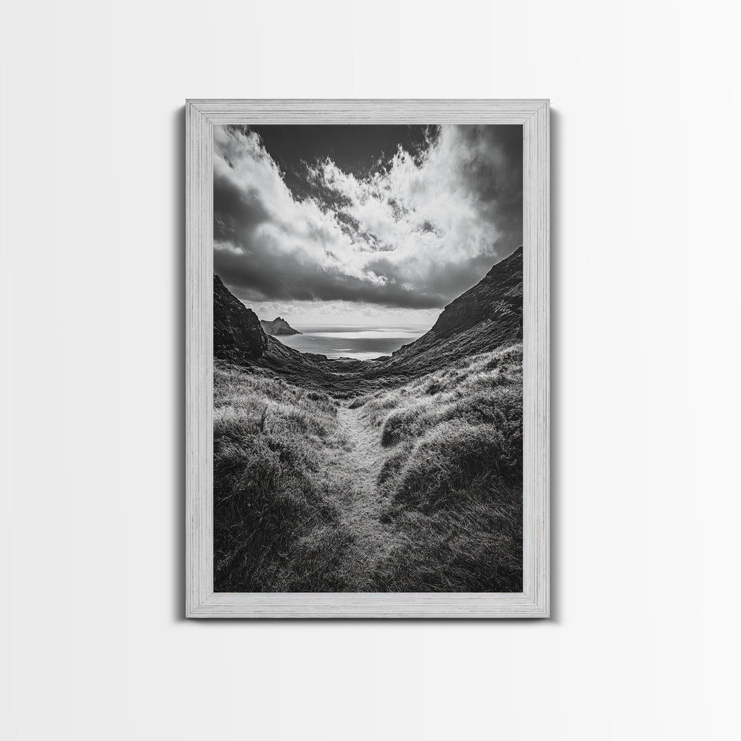 Highland Ocean Trail, Dramatic Clouds, Monochrome Nature, Canvas Print, Office Wall Art, Adventure Landscape, Rustic Home Decor
