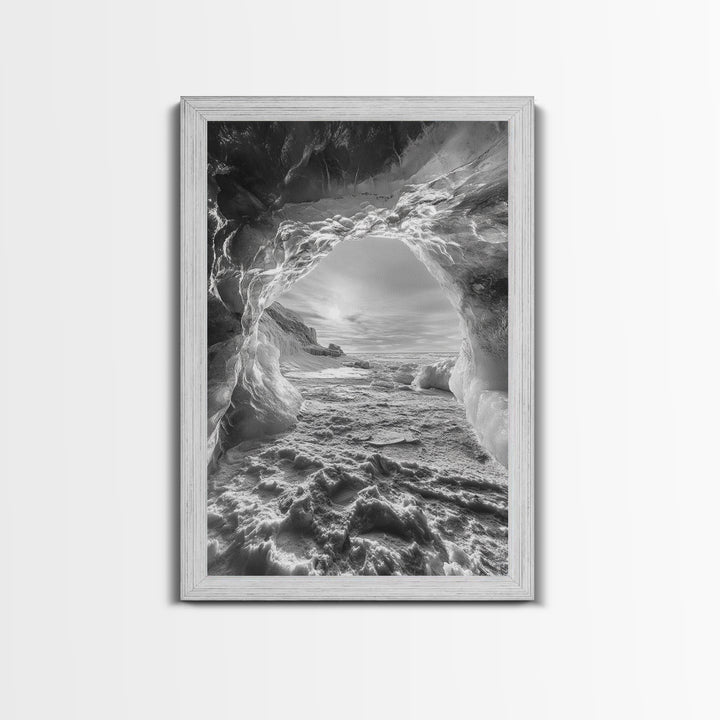 Ice Cave Opening, Winter Wonderland, Arctic Light, Framed Canvas Print, Bedroom Wall Art, Nordic Landscape, Minimalist Winter Art