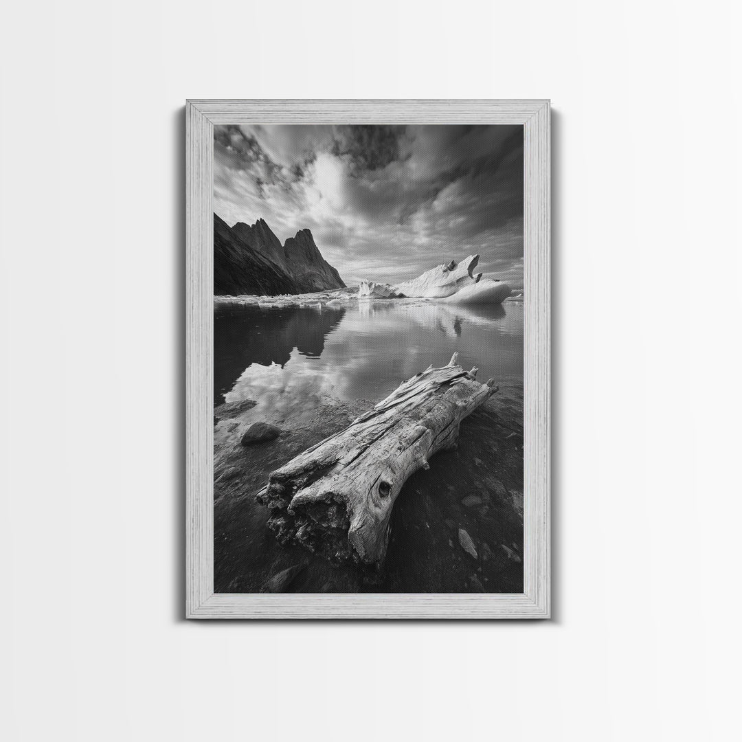 Arctic Driftwood View, Iceberg Horizon, Moody Mountains, Framed Canvas Print, Office Wall Art, Monochrome Nature, Nordic Aesthetic