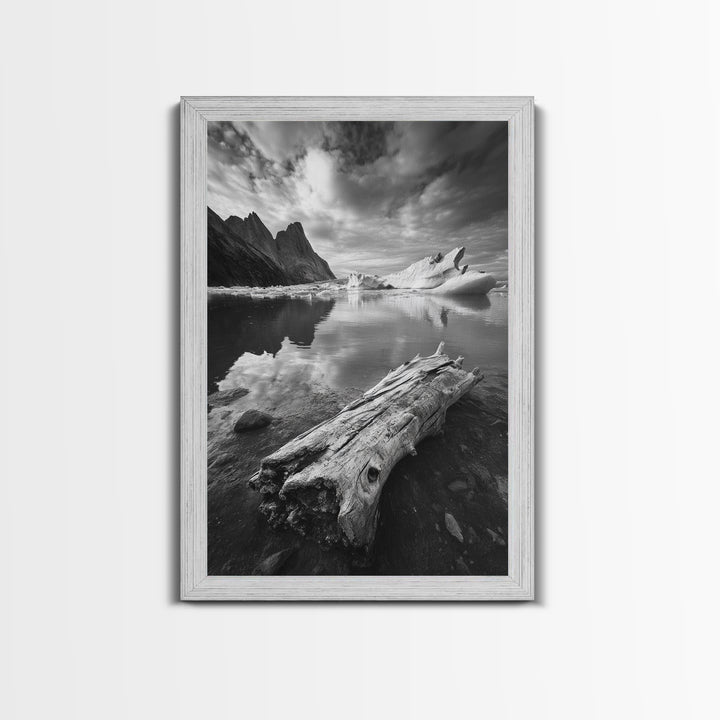 Arctic Driftwood View, Iceberg Horizon, Moody Mountains, Framed Canvas Print, Office Wall Art, Monochrome Nature, Nordic Aesthetic
