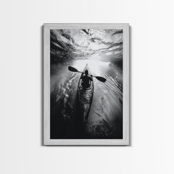 Kayaking Exploration, River Reflections, Adventure Sport, Framed Canvas Print, Office Wall Art, Moody Travel Photography, Nature Wall Decor