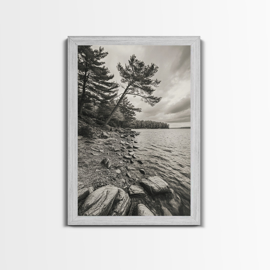 Pine Shoreline Landscape, Calm Water Trees, Autumn Mood, Canvas Print, Rustic Cabin Wall Art, Bedroom Nature Decor, Earthy Photography
